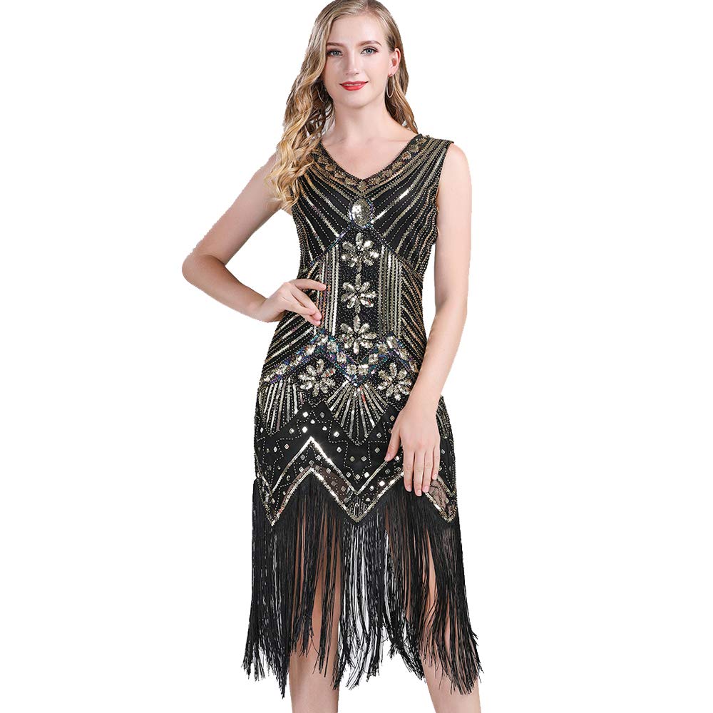 BOMBAX Women Sparkly Cocktail Midi Party Dress 1920s Gatsby Fringed Flapper Gown