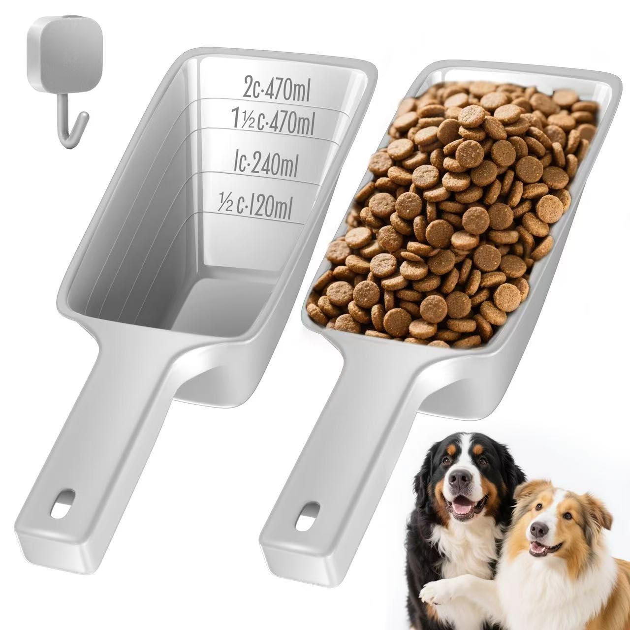 Food Scoop, Cup Capacity Dog Food Scooper With Measuring Lines For Dog, Puppy and Cat Coffee Bean Scoop, Flour Scoop 2 Pack (Grey)