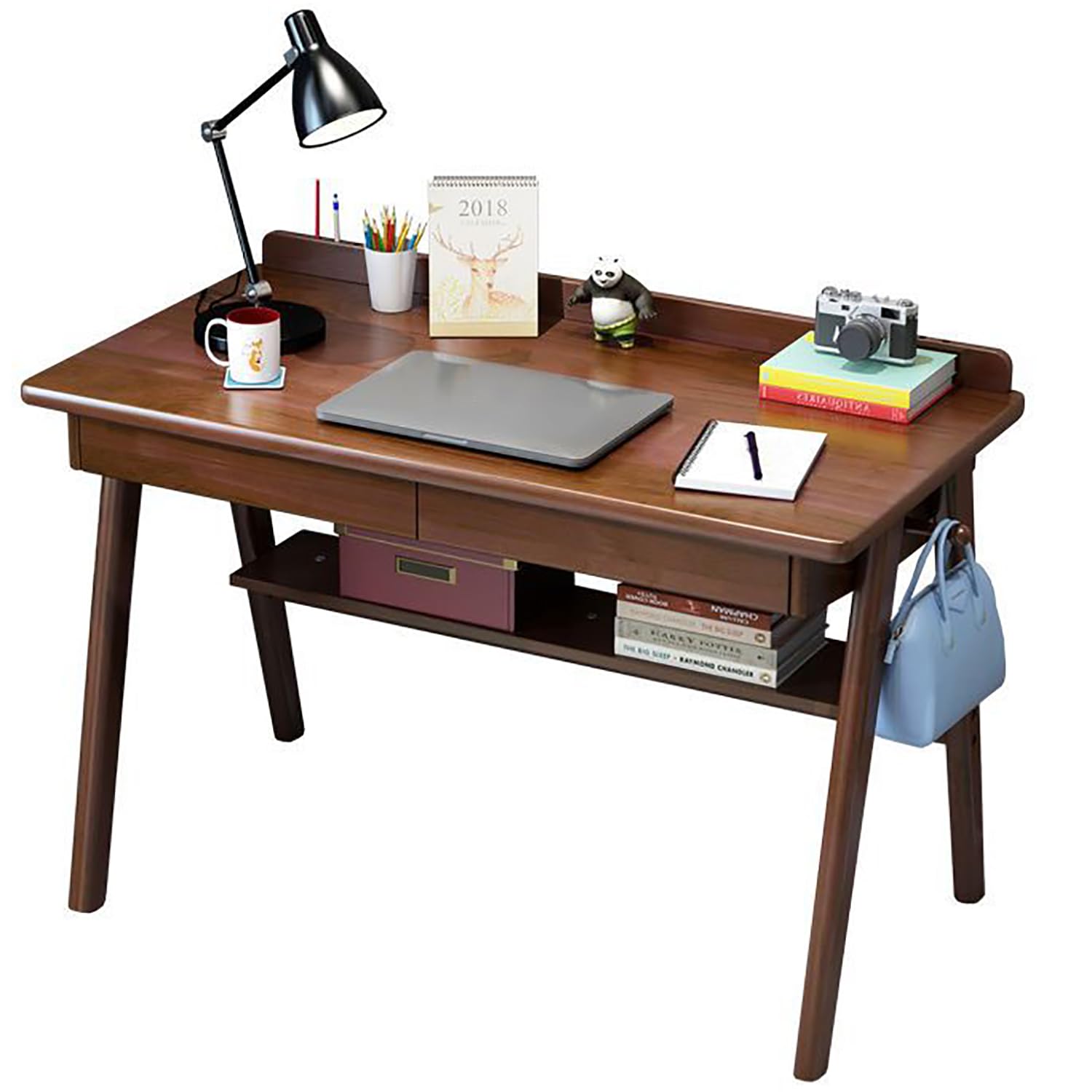 Biurko z drewna orzechowego z półkami Ders i Hoo - Home Office Study Table Writing and Work Desk 120 cm Nowoczesny drewniany design i