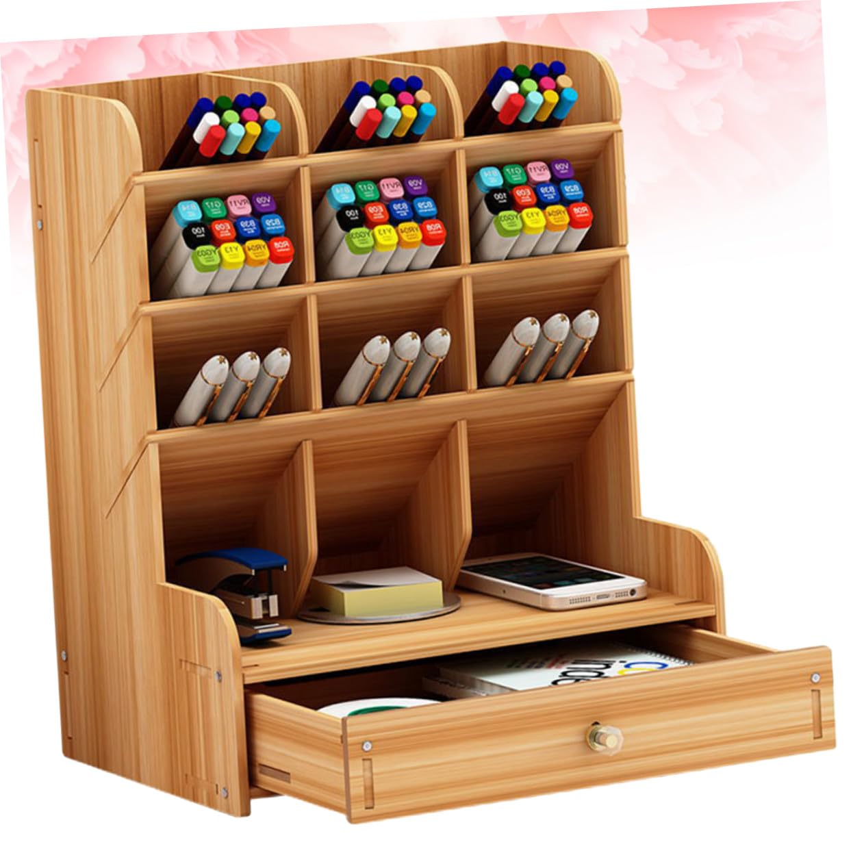 Cabilock Organizer Scrivania in Legno Massello con Scomparti Multipli Porta Penne Grande Capacità per Ufficio e Casa Design Semplice e Moderno in Ciliegio