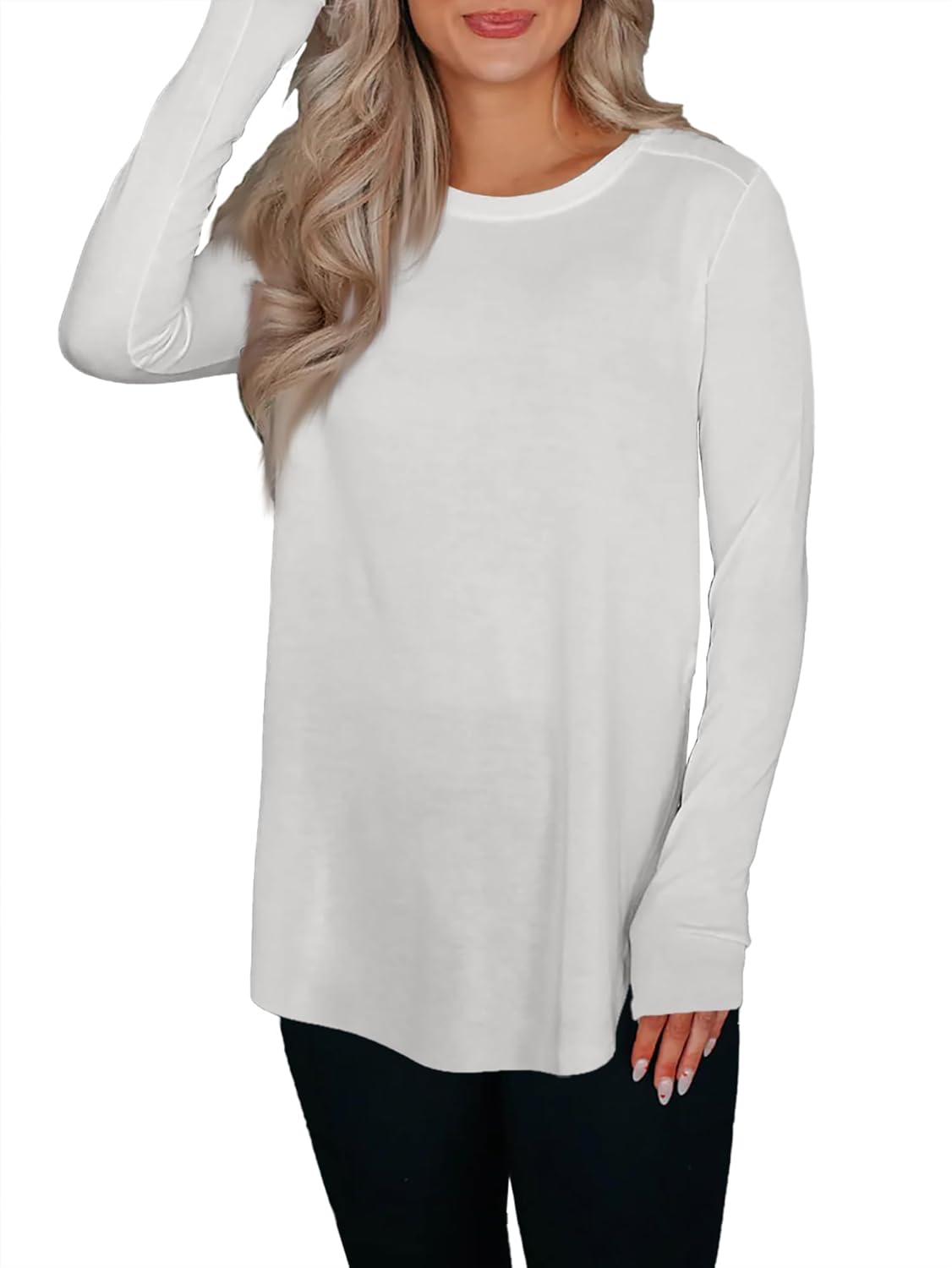 BZB Womens Long Sleeve Tunic Tops Fall Casual Crew Neck Side Split Hi-Low Hem Loose Shirts To Wear With Leggings - Image 5