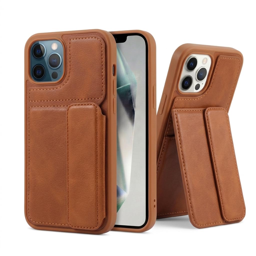 amazon basics Luxury Vegan Leather Back Cover for iPhone 12 Pro Max | Built-in Card Holder Slot | Integrated Mobile Stand | Slim Shockproof Protective Case with Stitched Finish - Tan