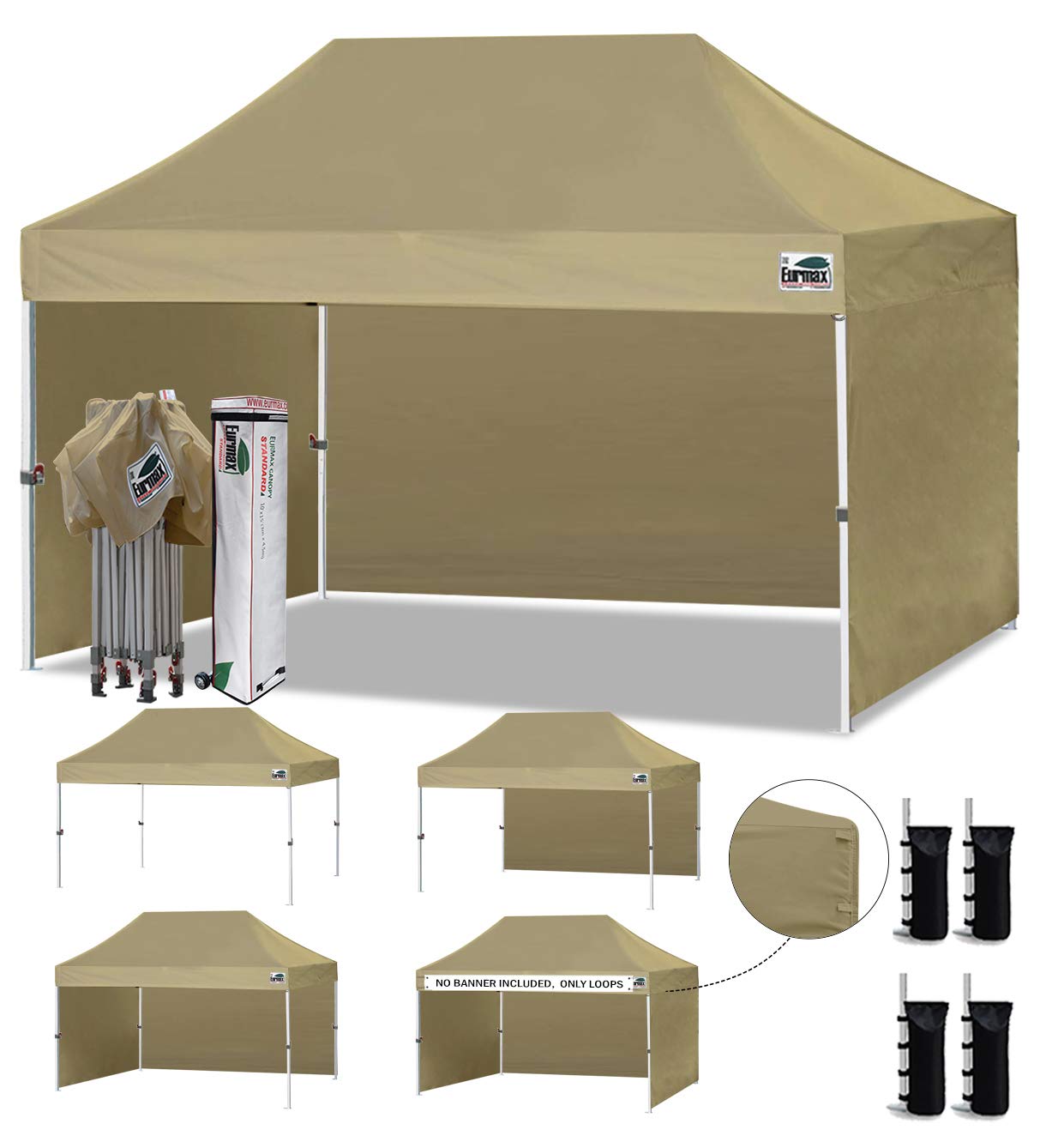 Eurmax USA 10x15 Pop Up Canopy Tent,Commercial Tent with Patented No-Tip Rolling Bag,4 Zippered Removable Walls,UV &amp; Water Resistant Canopy Top,Heavy Duty Outdoor Gazebo,Instant Shelter(Khaki)