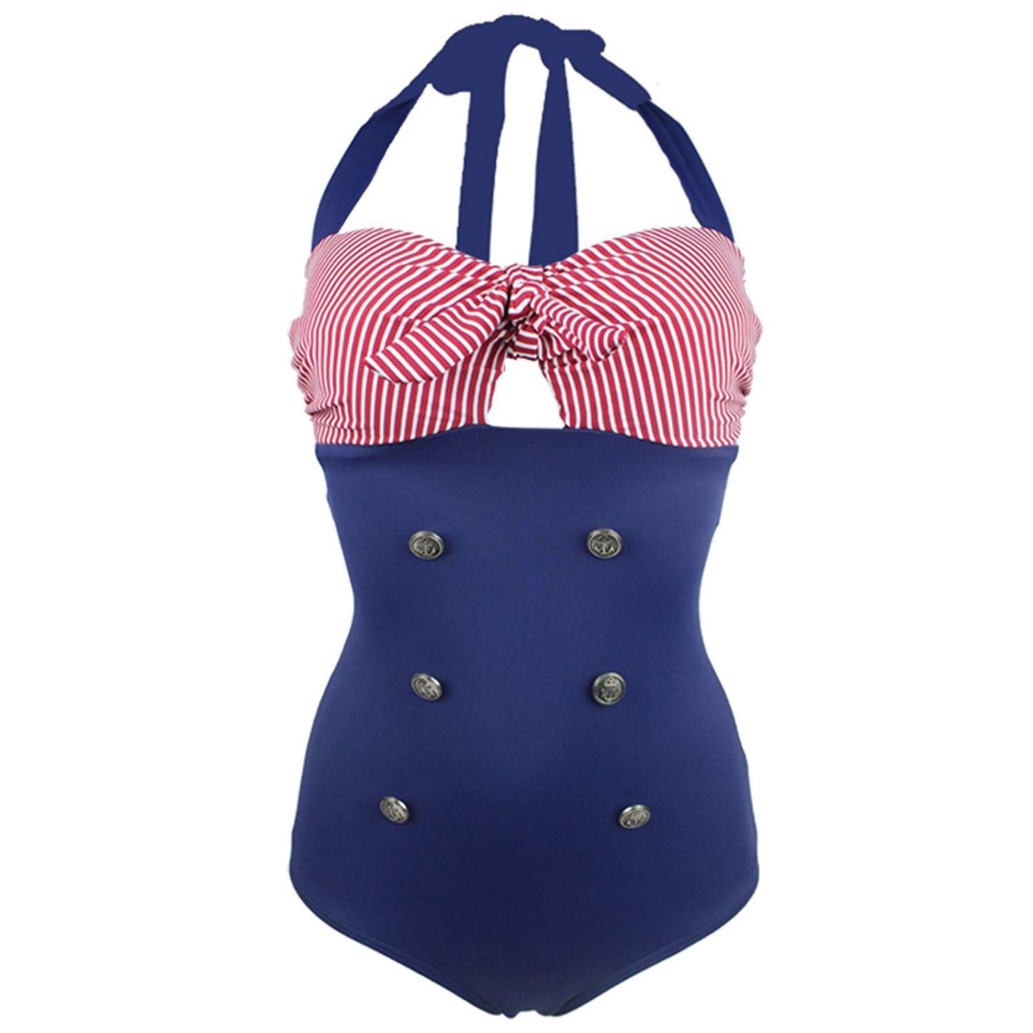 ViloreeWomens 50s Rockabilly Striped One Piece Swimsuit Halter Neck Monokini Bathing Suit