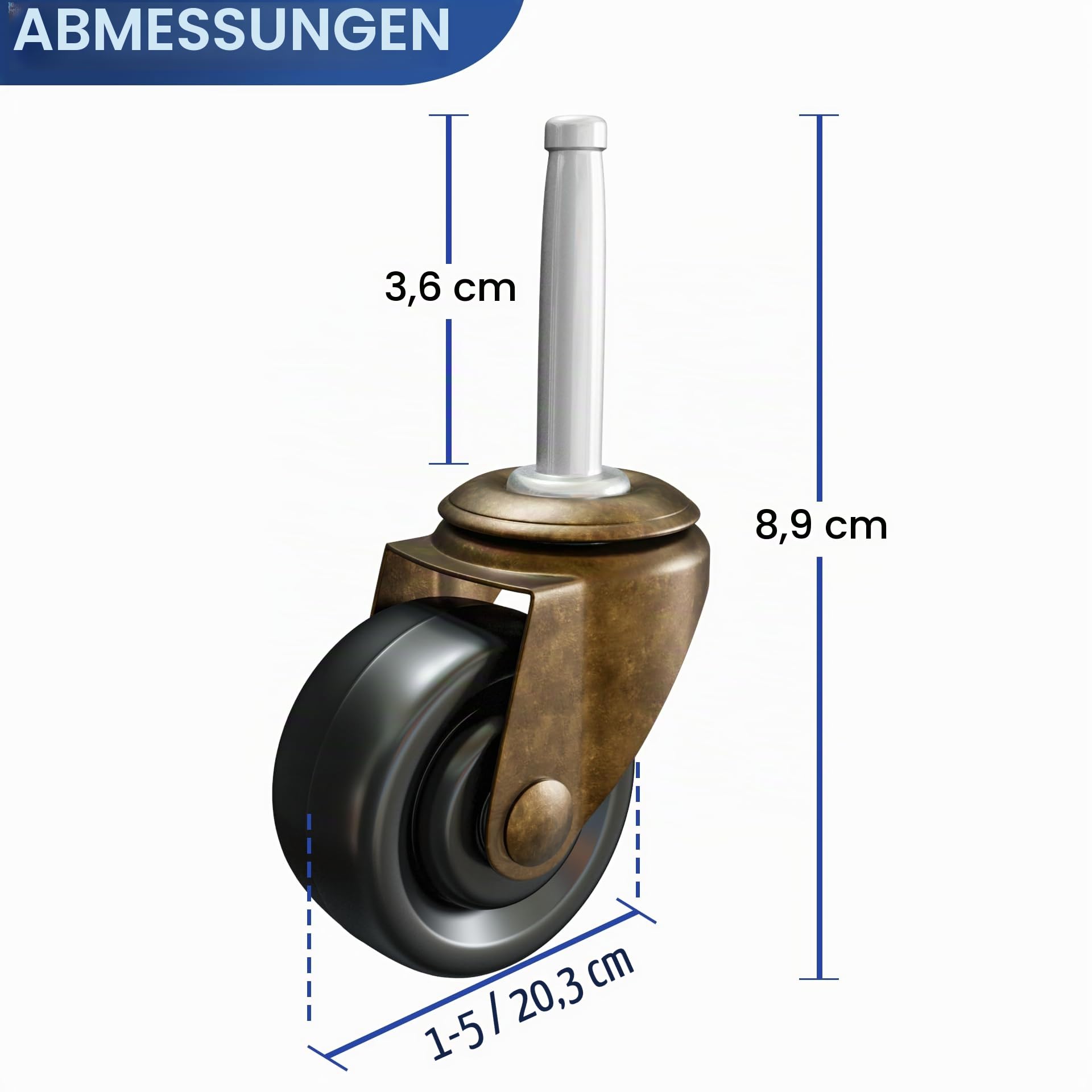 Antike Messingrollen mit Gummirädern, 4,8 cm Vorbaurollen, Ersatz für Stühle, Sofa, Kommode, Vintage-Möbelrollen für Hartholzböden, 4 Stück