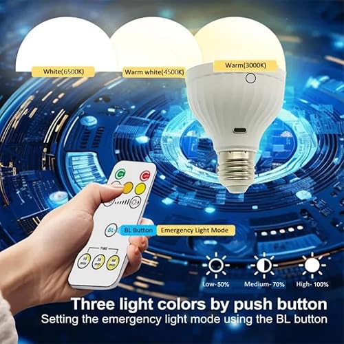 Miniatura 3 de Bombilla recargable de 8 W, 2600 mAh, E26, bombilla LED de emergencia, funciona con pilas, con control remoto, temporizador regulable para el hogar,