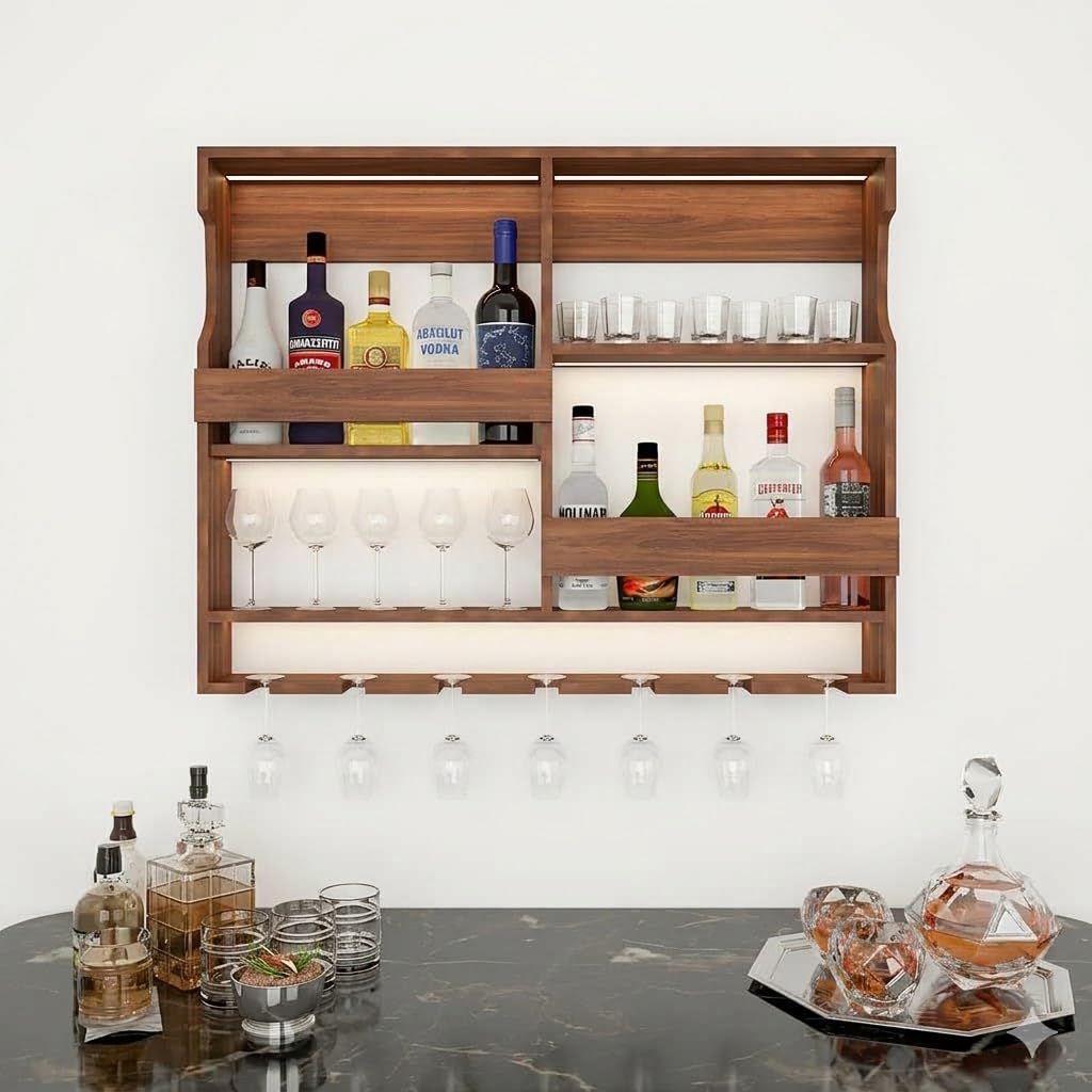 Wooden Wall Mounted Wine Rack, Bar Cabinet with Glass Storage, Wall Hanging Mini Bar for Home Wine Rack/Holder Upside Down Glass Hanging Organizer Size 30 x 24 Inch (Rosewood) (Natural)-image-43
