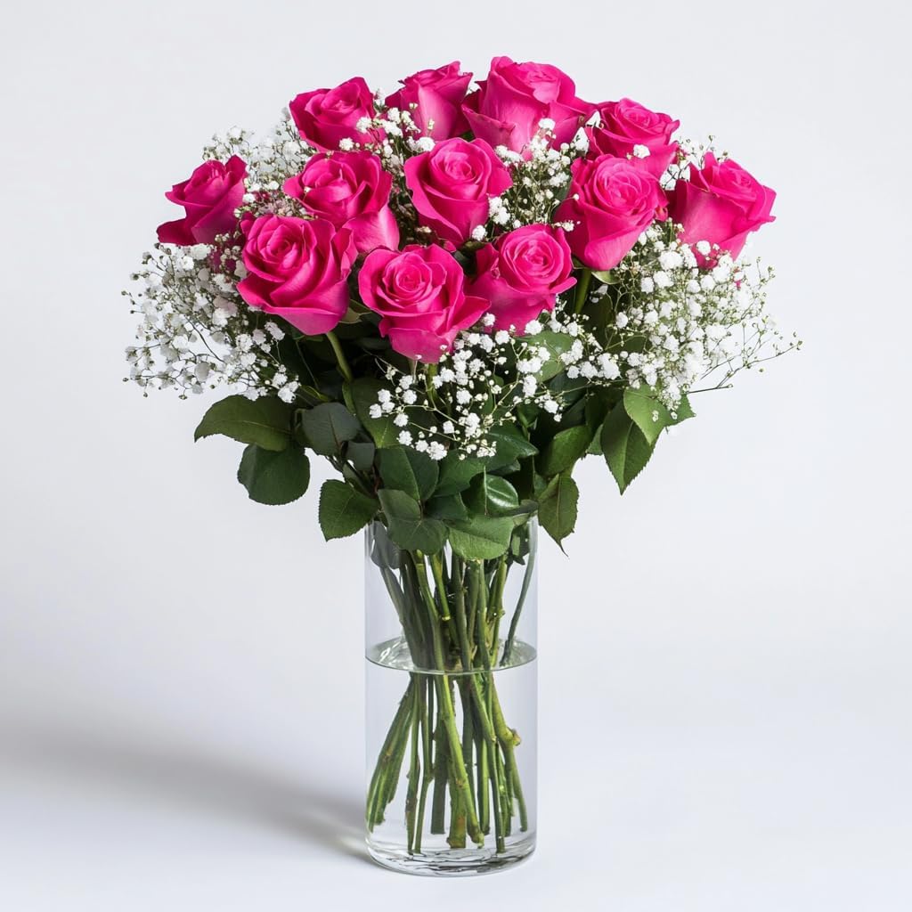 GlobalRose Fresh 2 Dozen Hot Pink Roses & Fillers - Fresh Flowers Bouquet for Mother's Day