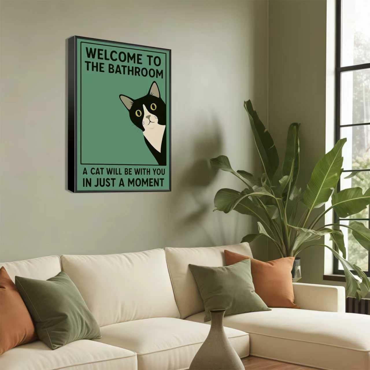 Cute Kitten Vintage Welcome To The Bathroom Canvas Wall Art Funny Quirky Tuxedo Cat Wall decor pictures Simple Green Cat Lovers Prints Painting For Home Bedroom Dorm decoration Framed
