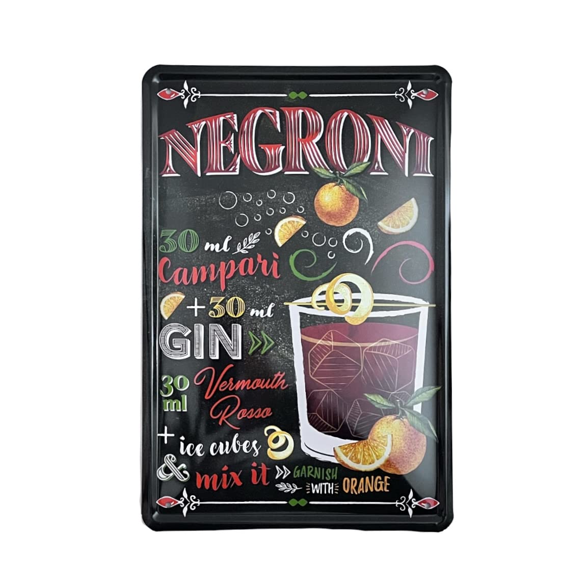 Metal Tin Sign - Negroni Cocktail Recipe - Wall Plaque Retro Vintage 30X20 Cm Decorative For Bar Pub Dining Room Kitchen Bedroom Office Garage Funny Stylish Gift