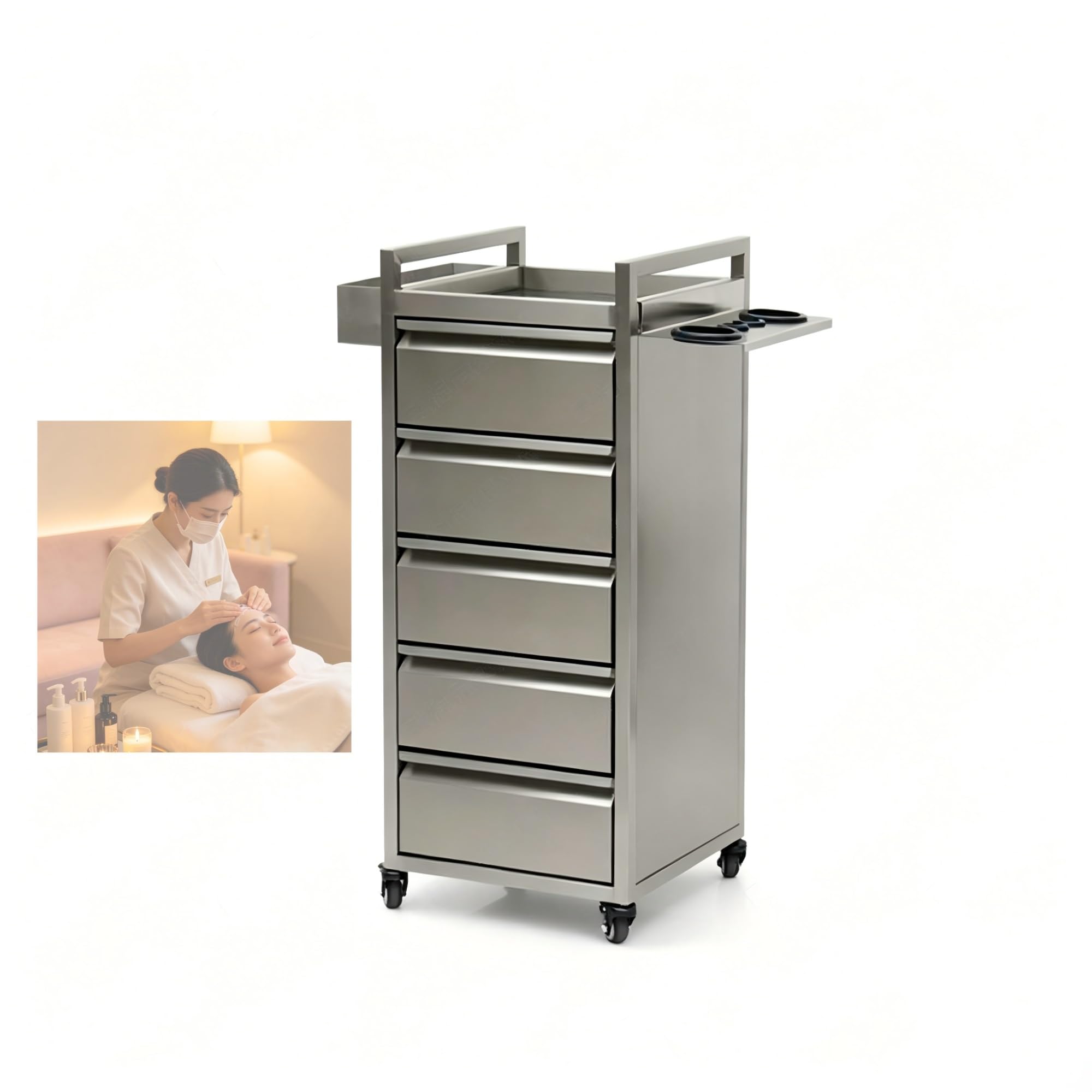 Stainless Steel Salon Station On Wheels - Professional Hairdressing Trolley With Dryer Holder, Drawers & Countertop - Lockable Rolling Barber Cart For Beauty Supplies, Tattoo(77.5x35x86cm)