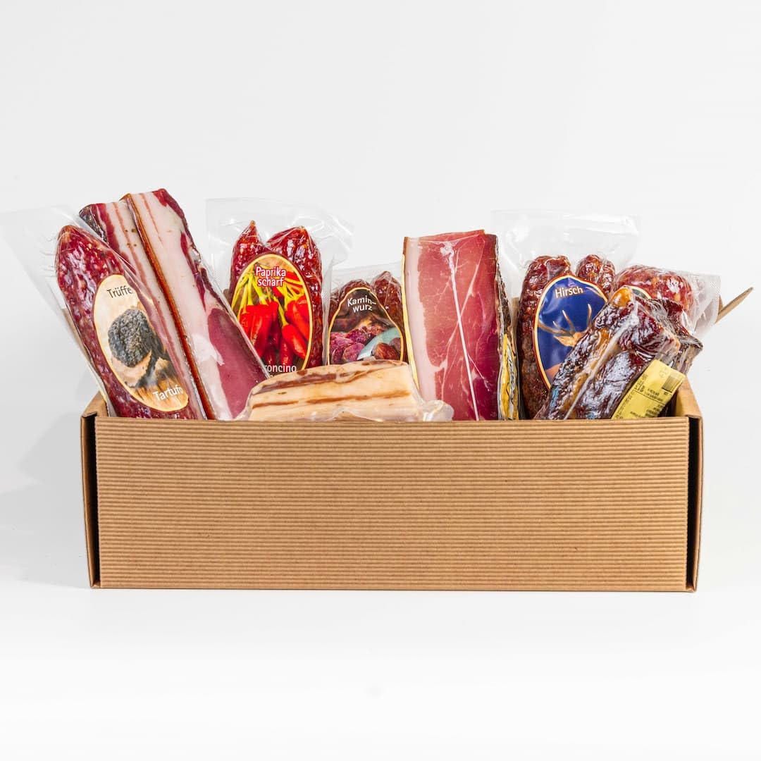 Viktor Kofler Kennenlern-Box Premium – Südtiroler Speck, Salami, Kaminwurzen & Rindfleisch | 14-teiliges Wurst- und Speck-Set | Geschenkbox mit Schüttelbrot
