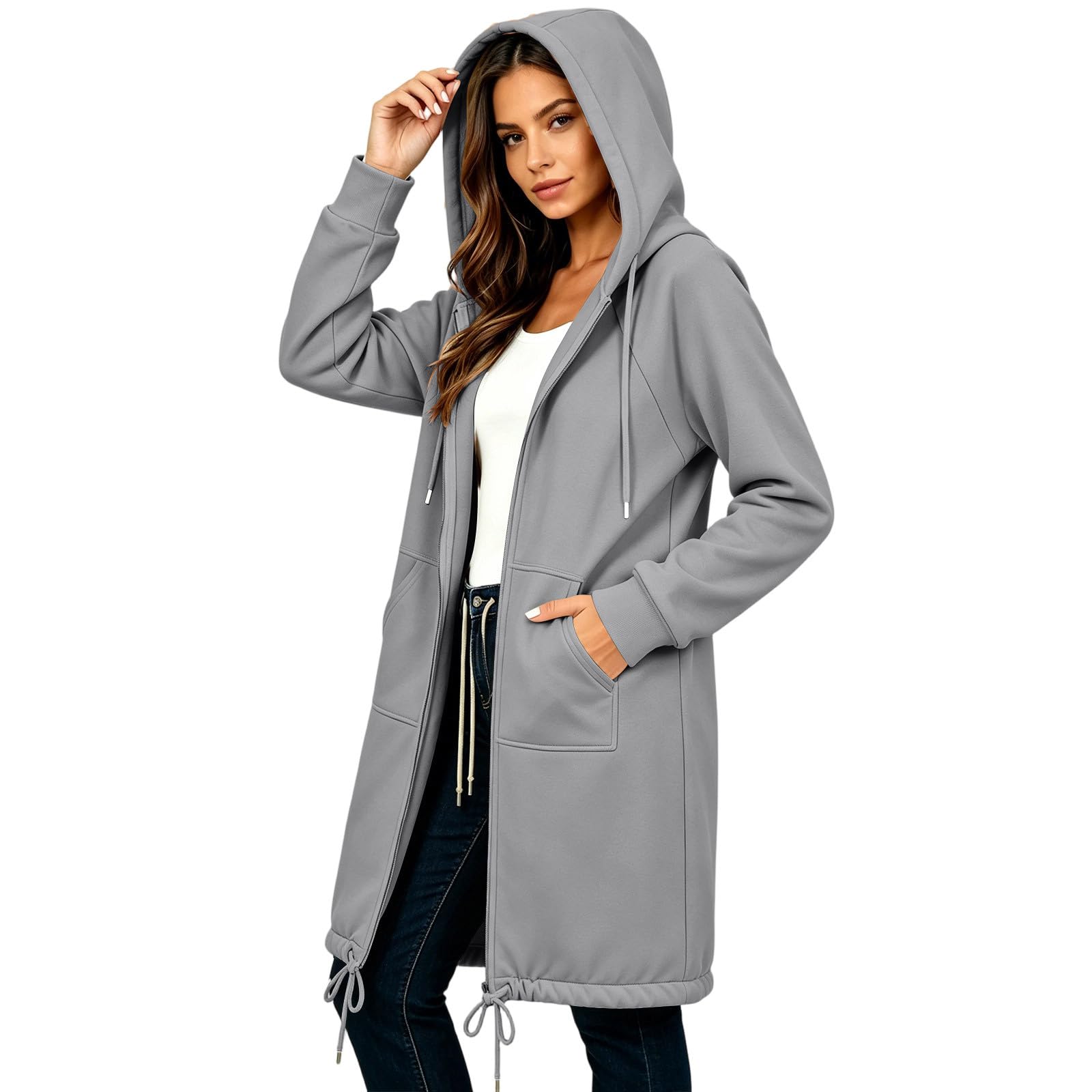 Generisch Sweatjacke Damen Lang Mit Kapuze Hoodie Reißverschluss Elegant Sweatshirt Retro Hoody Leicht Jackenfrühling Freizeit Einfarbig Jacke Mit Taschen Komfort Jacket Mode Kleidung