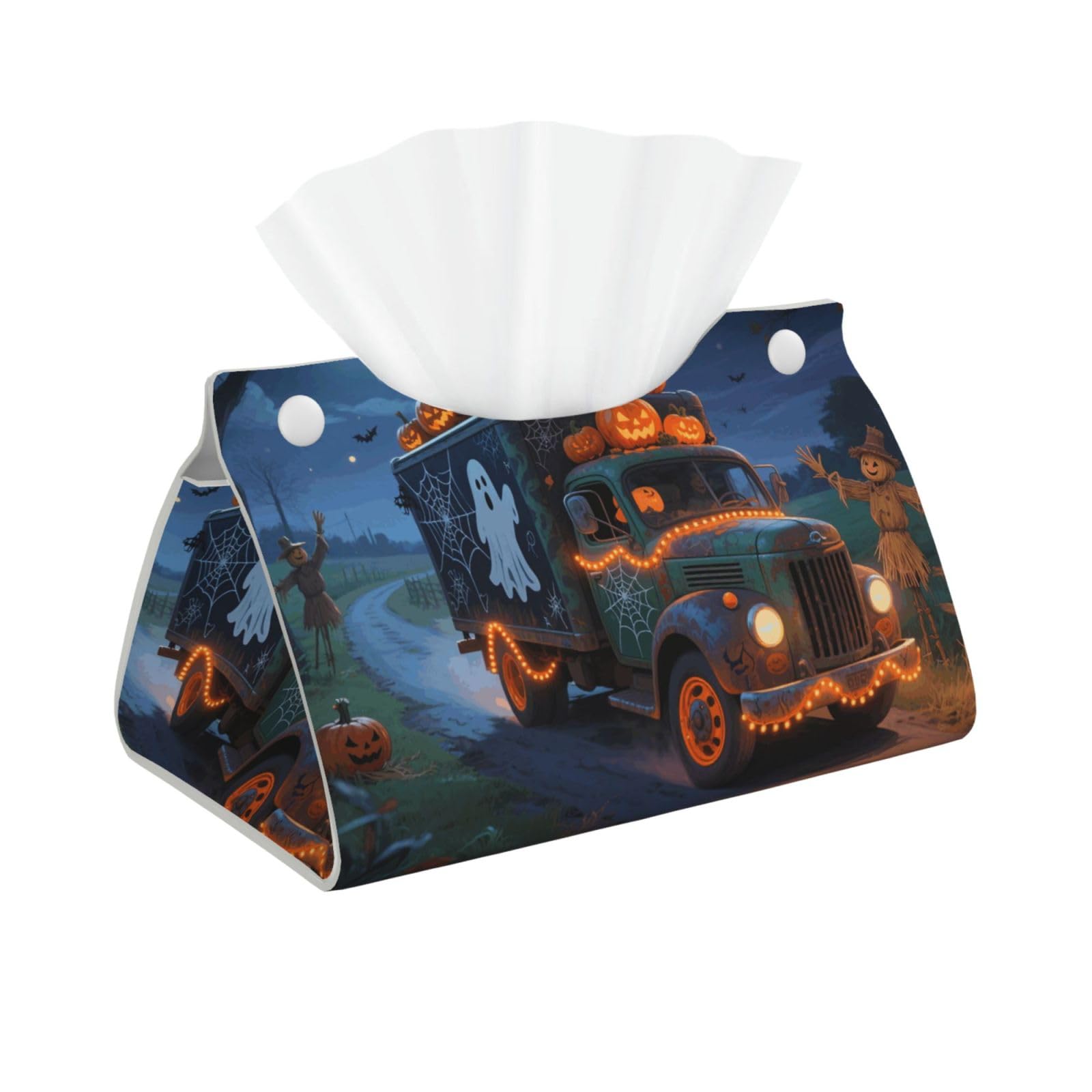 Pu Leather Tissue Box Cover, Halloween Truck Rectangle Tissue Case Covers Decorative Tissue Box Holder Waterproof Tissue Holder Organizer for Bathroom Home Office