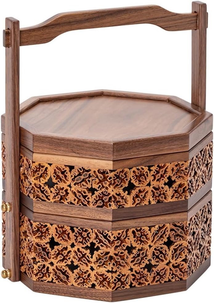 YSJX kitchen&bedroom Storage Accessories 1 Pack Palace Style Walnut Suitcase Solid Wood Double Layer Storage Box Octagonal Tea Set Gift Box Vintage Style Suitcase Portable Basket ( Size : Two layer 28