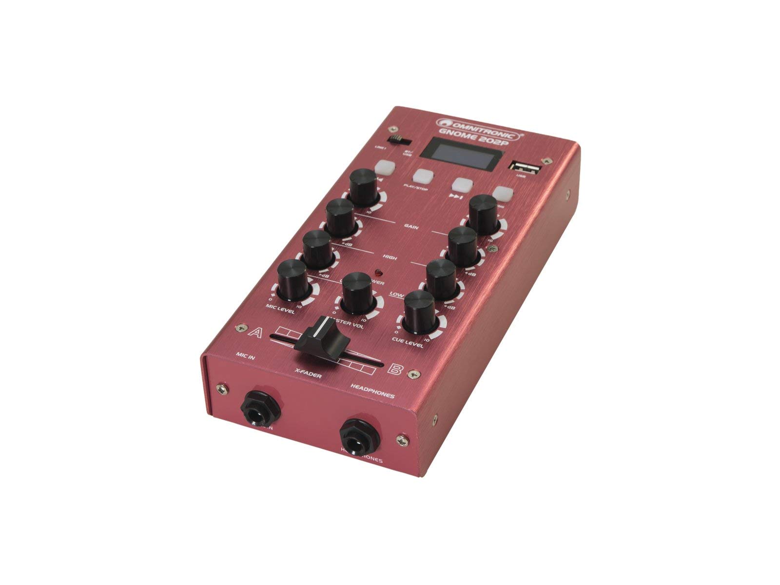 OMNITRONIC GNOME-202P Mini table de mixage Rouge | Table de mixage DJ 2 canaux avec Bluetooth et lecteur MP3 au format miniature | Entrée microphone réglable/sortie casque via prise jack 6,3 mm