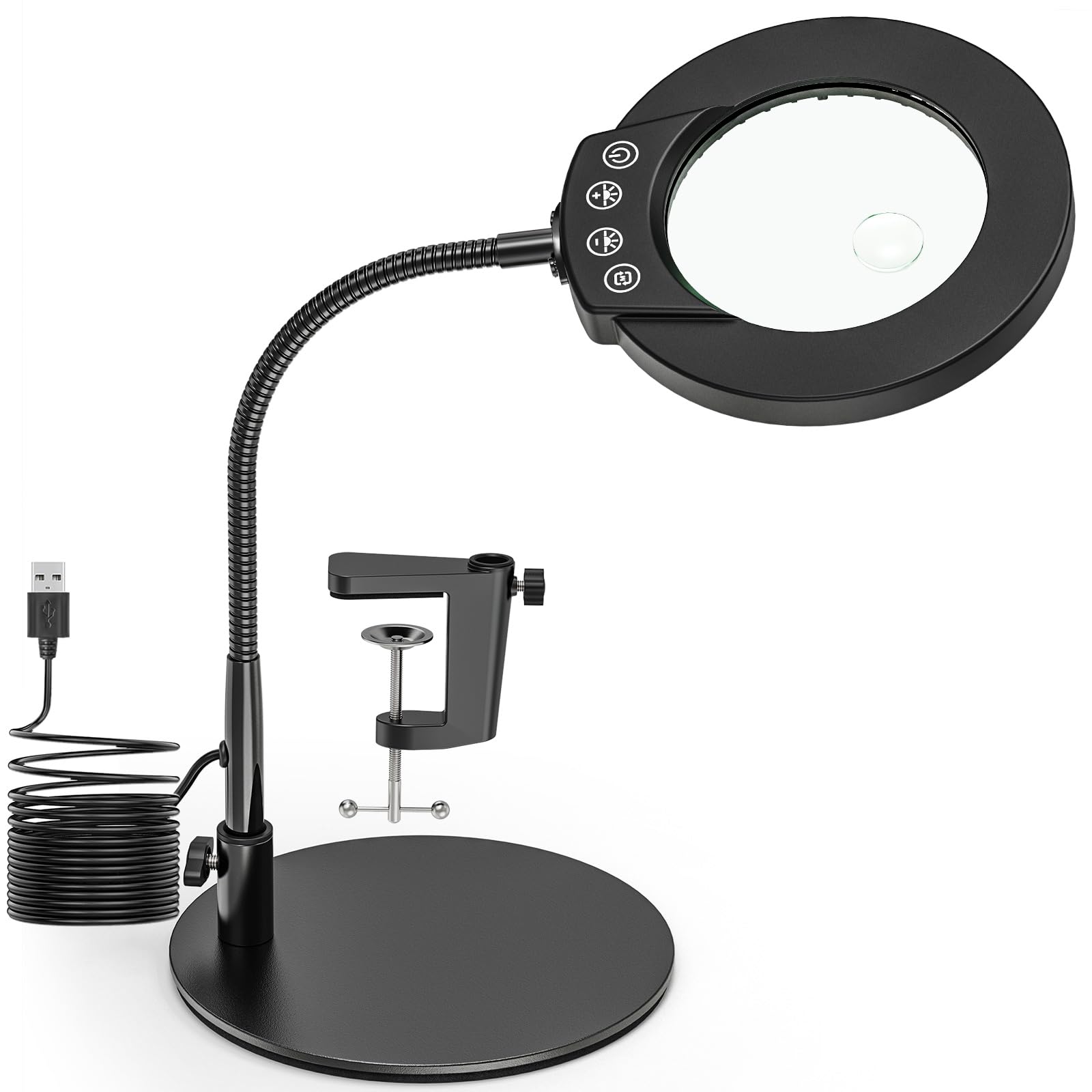 Cuello de Cisne Lupa con Luz y Soporte, 15X 10X Lámpara de Aumento de Escritorio con Pinza y Base, LED Lupa de Mesa con 5 Modos de Colores para Lectura, Reparación, Trabajo Manual