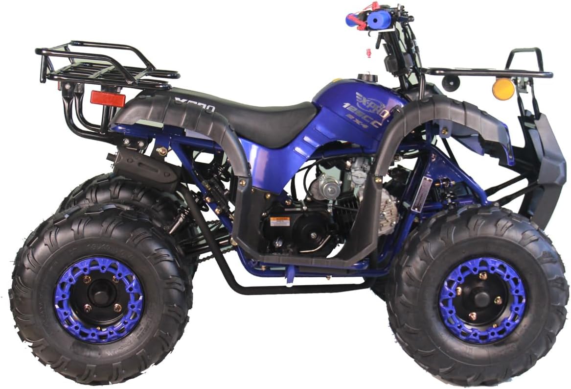 Side view of the assembled X-PRO 125cc ATV in blue, highlighting the engine, seat, and wheels.