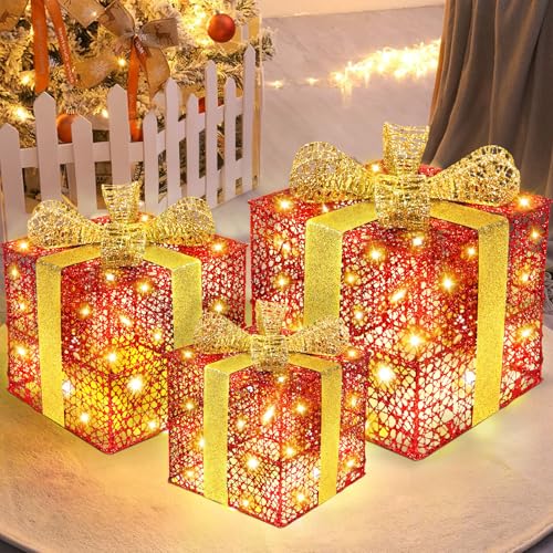 RDDAIPE Conjunto de 3 caixas de presente de Natal com luzes, caixas de luzes LED decoração, caixa de presente de Natal LED para decoração, festa, casa