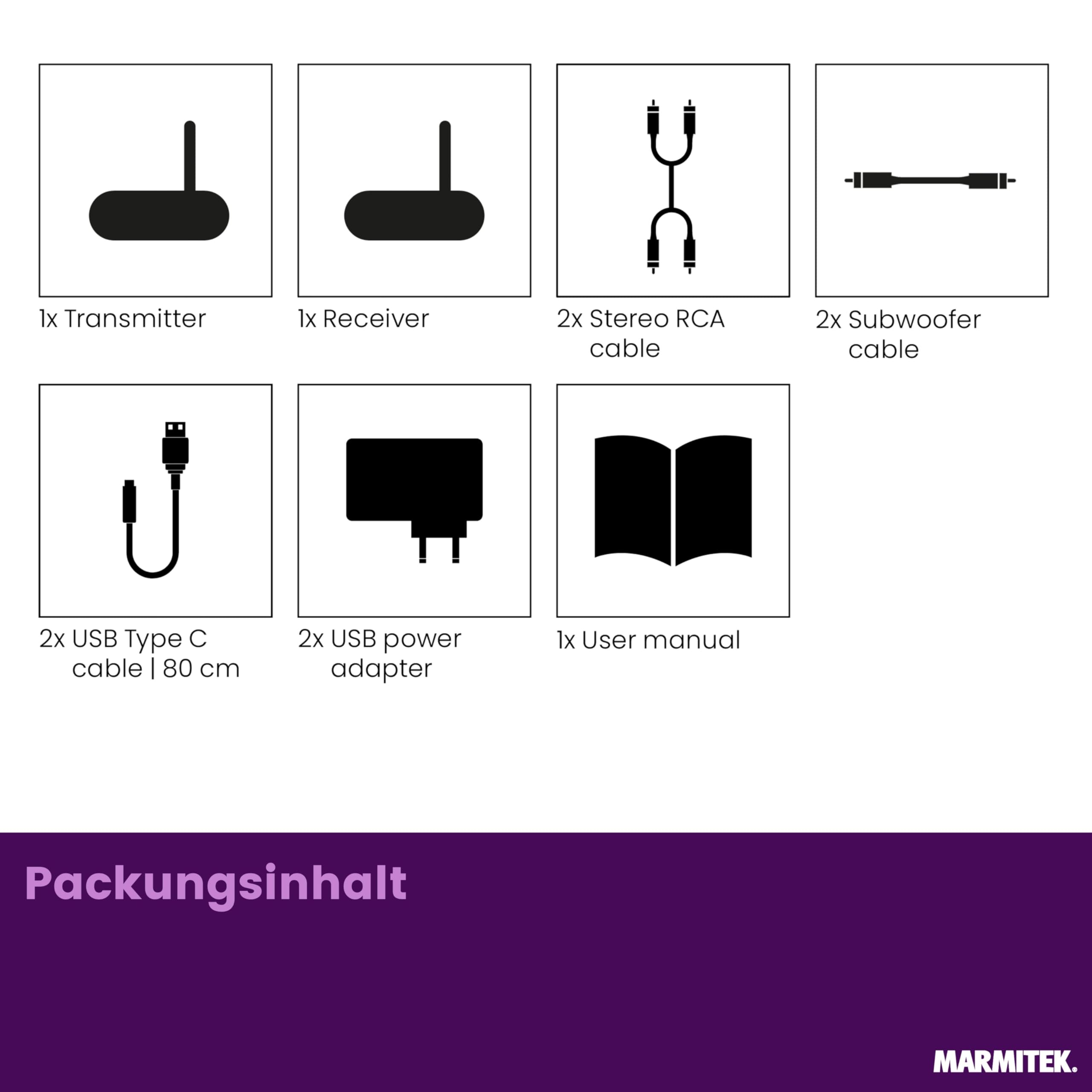 Marmitek Subwoofer Anywhere 640 - Funk Subwoofer Set für kabellosen Bass | Subwoofer kabellos per LFE oder Line mit störungsfreier Digitaltechnik, vergoldeten RCA und Auto-Standby