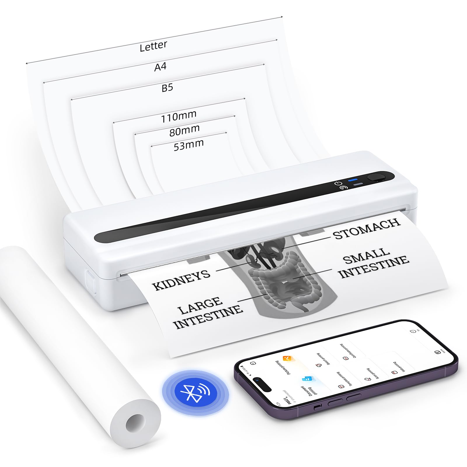 PB821 Impresora Térmica Portátil A4 con Bluetooth, Impresora sin Tinta, Impresora termica a4 para Android e iOS, Impresora portatil para Viajes, Trabajo, Escuela, Blanca