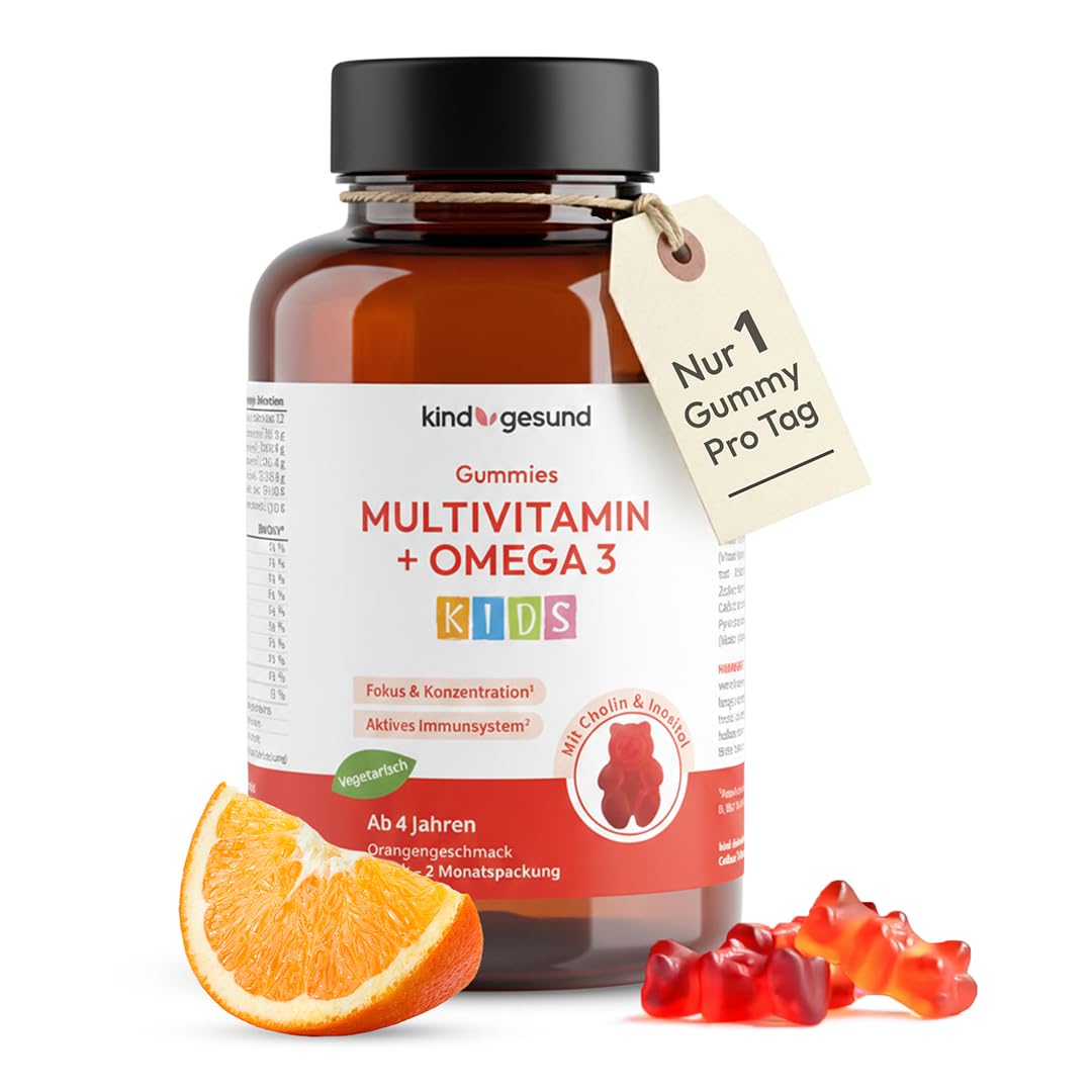 kindgesund Multivitamin Kinder Gummibärchen -15 Vitamine & Nährstoffe mit Omega 3 (DHA aus Algenöl) - 1 Gummy/Tag - für 2 Monate - vegetarisch - Orangengeschmack - ab 4 Jahren (60 Stück (1 Dose))