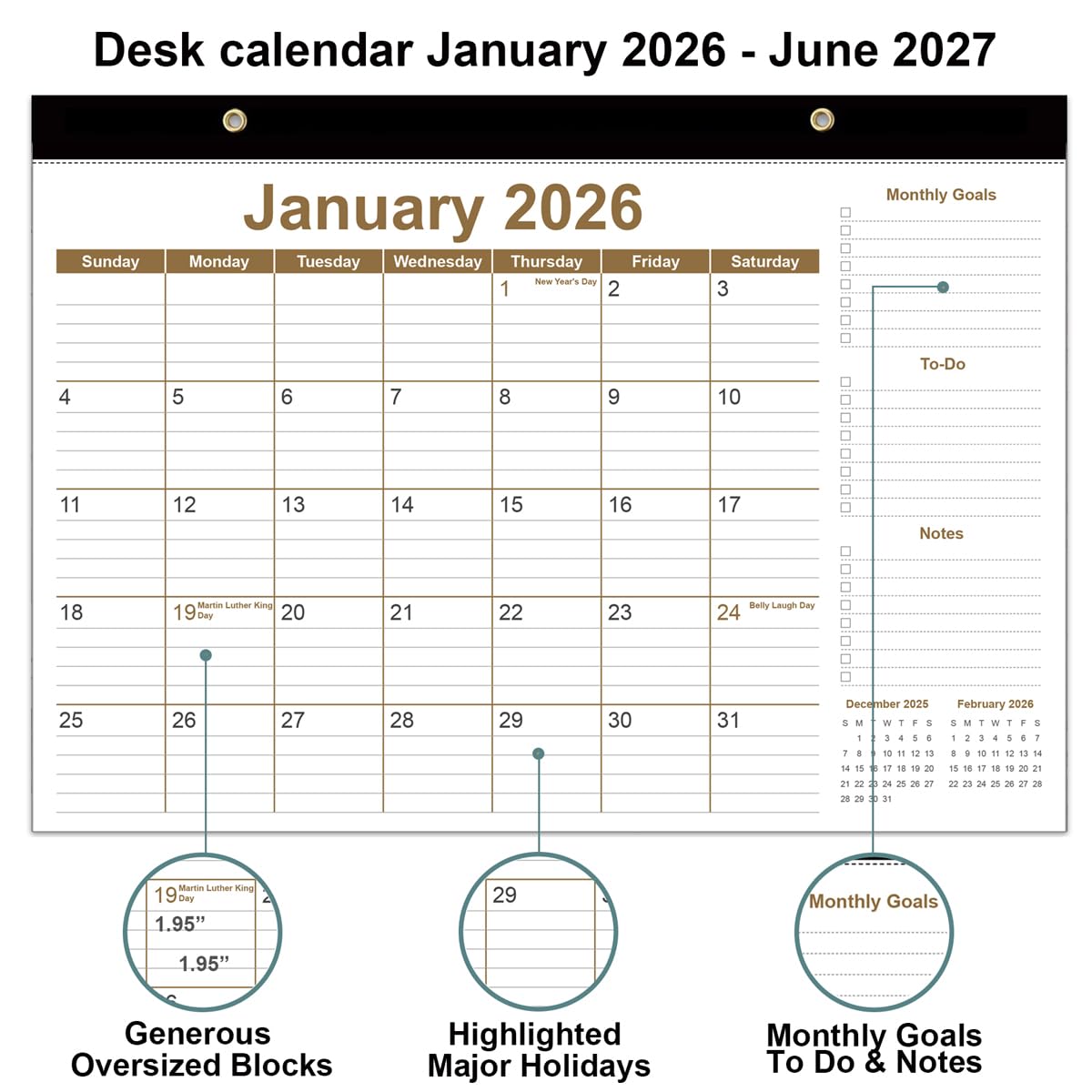 Tischkalender 2026-2027 - 12 Monate Kalender von Juli 2026 bis Juni 2027, Tischkalender 2026-2027 mit dickem Papier, 30,5 x 43,2 cm, Braun