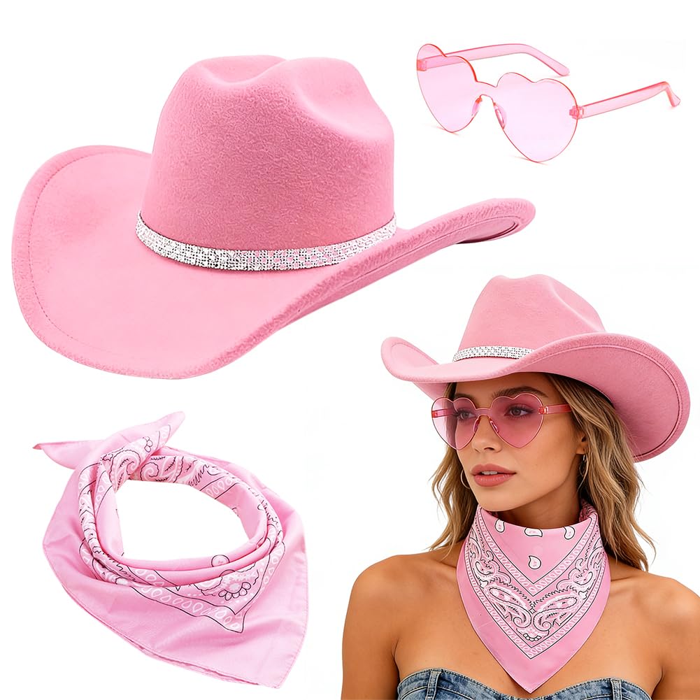 FCXVXCL Sombrero Vaquera 3 Piezas Sombrero de Vaquero Accesorios Sombreros Vaquero del Oeste Traje Sombreros Vaquera con Pañuelo Cuadrado y Gafas para Disfraz Vacaciones Fiesta — view 12