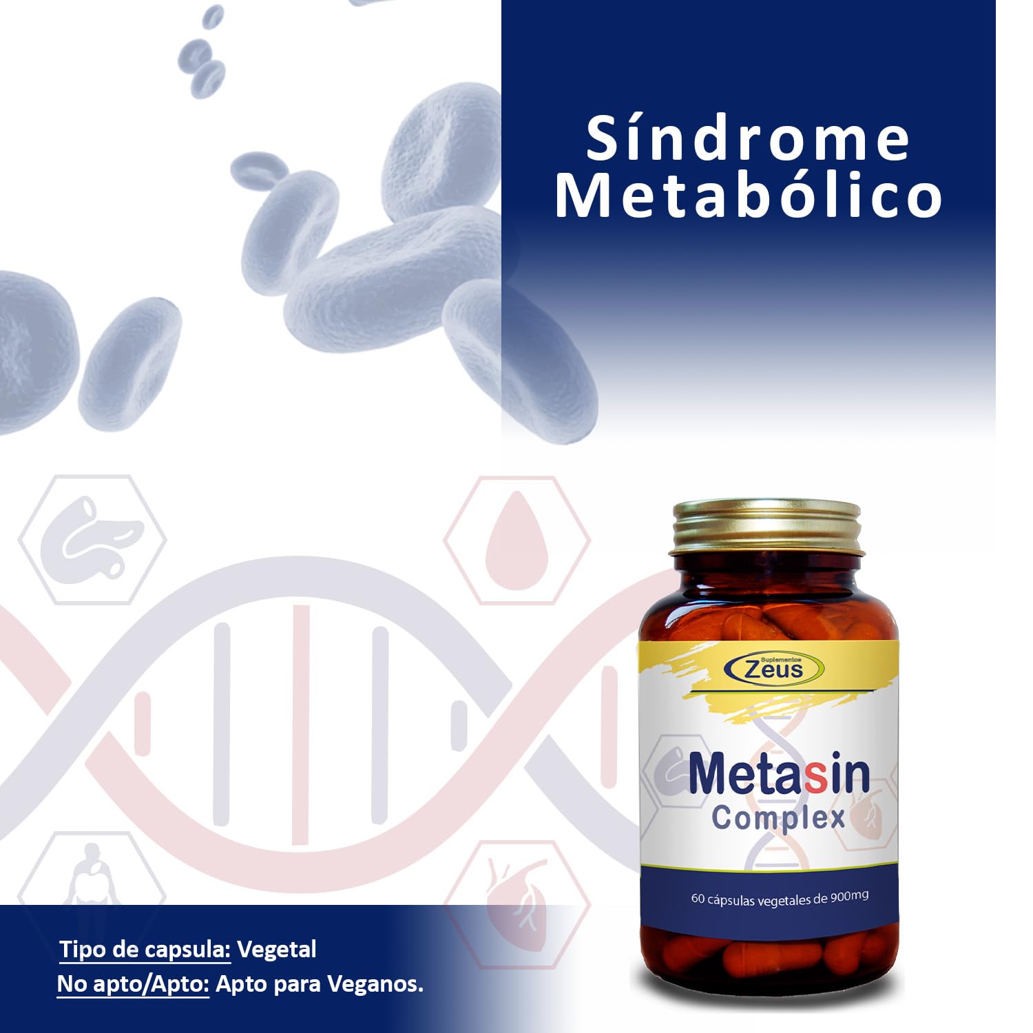 METASIN COMPLEX Contribuye al metabolismo macronutrientes y a mantener niveles normales de glucosa, Complemento Alimenticio a base de Plantas, Levadura roja de arroz, Cromo y L-Leucina 60 Cps VEG