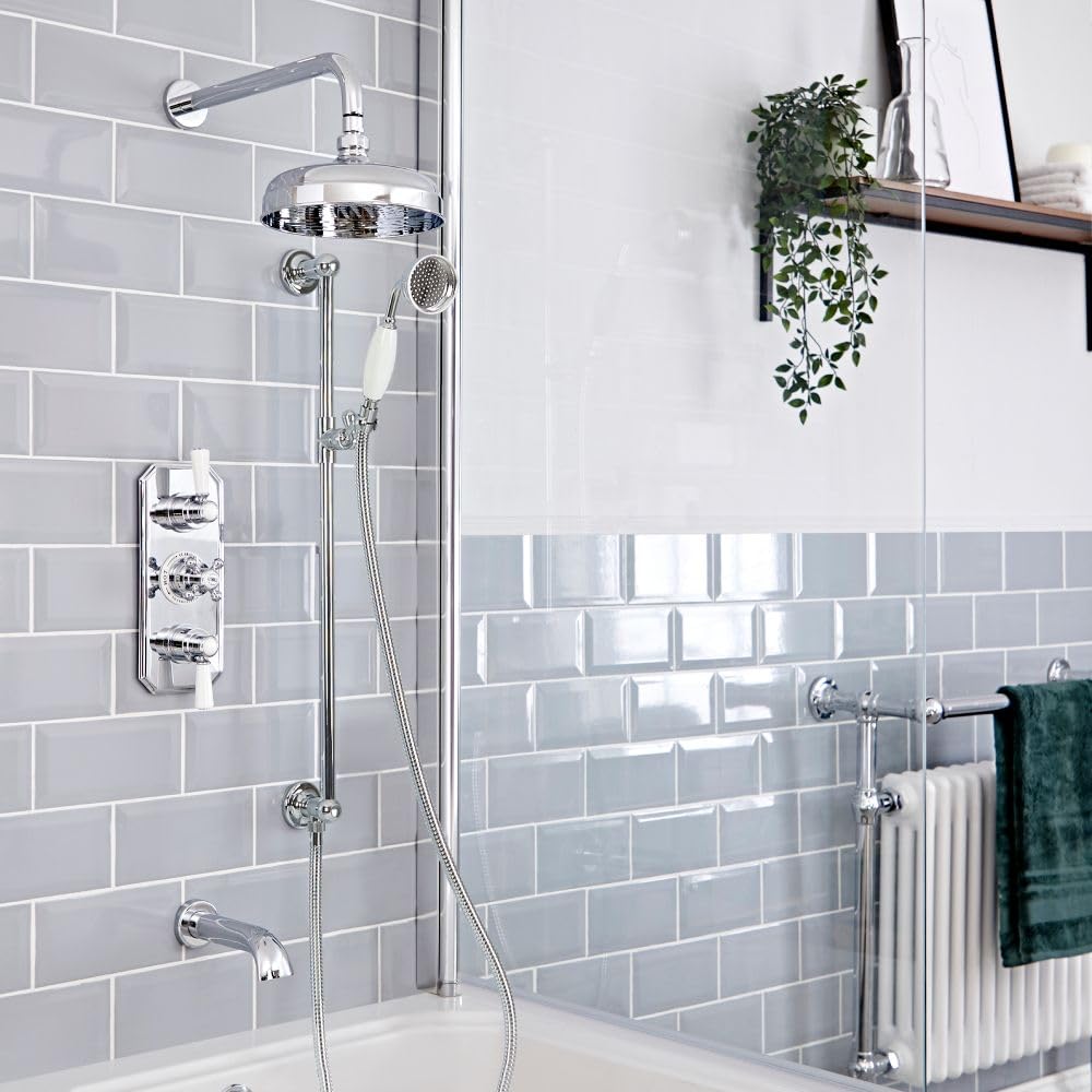 Milano Chrome & White Elizabeth Thermostatic Mixer Valve 200Mm Shower Head Riser Rail Bath Spout - Chrome
