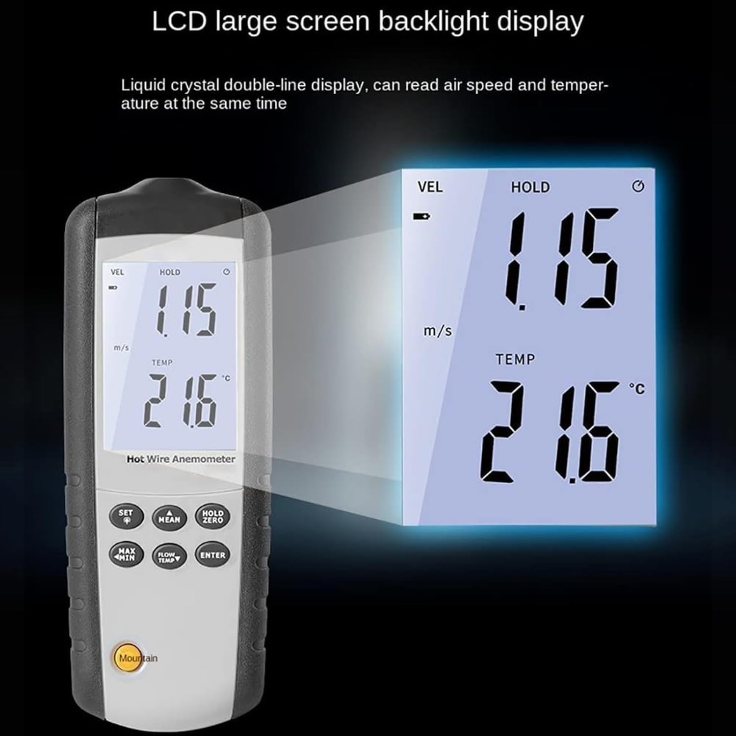Anemómetro de alambre caliente portátil, medidor de velocidad del viento digital térmico, 0,1~25,0 m/s, pantalla LCD retroiluminada, adecuado for pruebas ambientales, transportadores