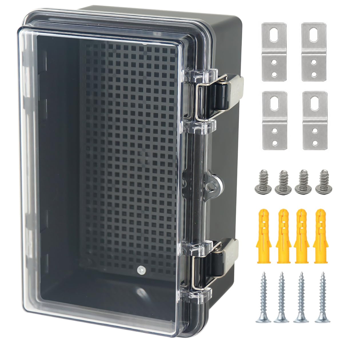 Junction Box,IP67 Waterproof Electrical Box Hinged Clear Cover Stainless Steel Latch Project Box Enclosure with Mounting Plate & Wall Bracket, Black 11.8 x 7.9 x 6.7inch(300x200x170mm) — Amazon image 15
