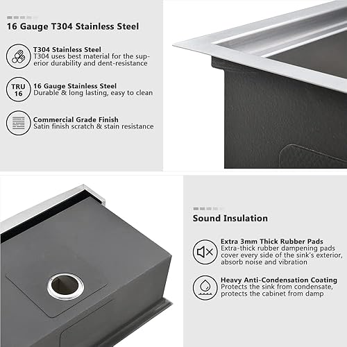 Miniatura 48 de Fregadero de cocina negro 33 x 22 pulgadas, de acero inoxidable negro, estación de trabajo frontal, calibre 16, R10, fregadero profundo de cocina