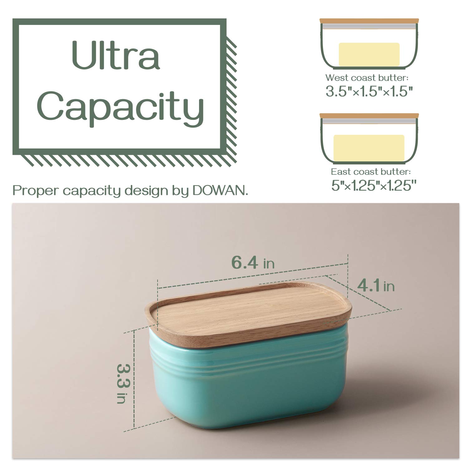 Beurrier avec couvercle hermétique en bois - Design porcelaine extra large pour conserver la fraîcheur et le stockage
