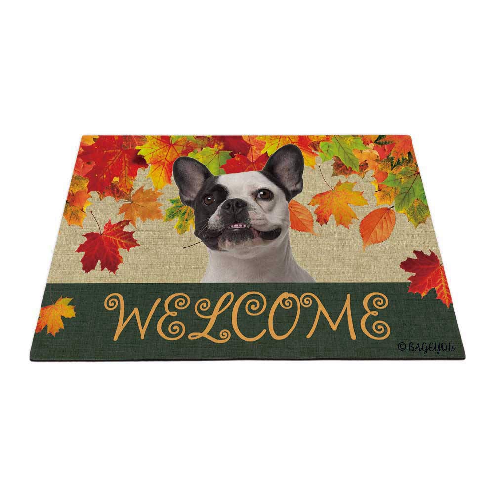BAGEYOU Welcome Fall with My Favorite Dog Pet French Bulldog Outdoor Doormat Maple Leaf Harvest Season Rustic Decor Porch Rugs Floor Mat 35.4" x 23.6" — image 1