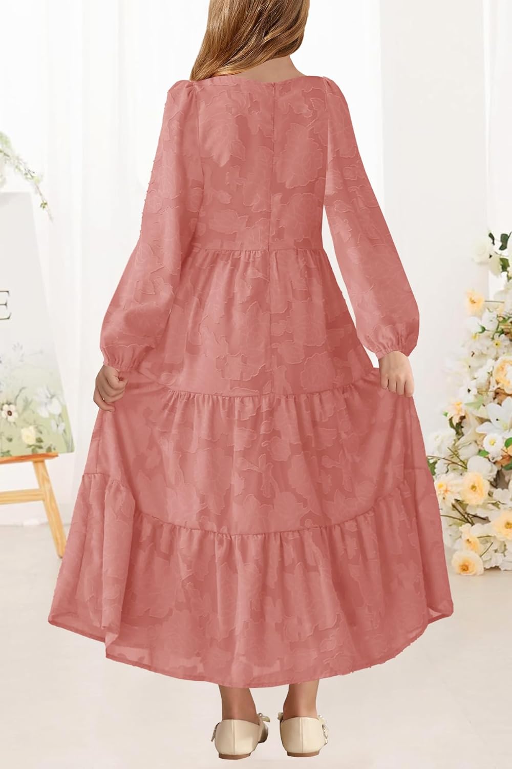 MITILLY Girls Fall Long Sleeve Dress Boho Flower A-Line Ruffle Tiered Flowy Maxi Dresses for Wedding Party 6-12 Years - Image 3