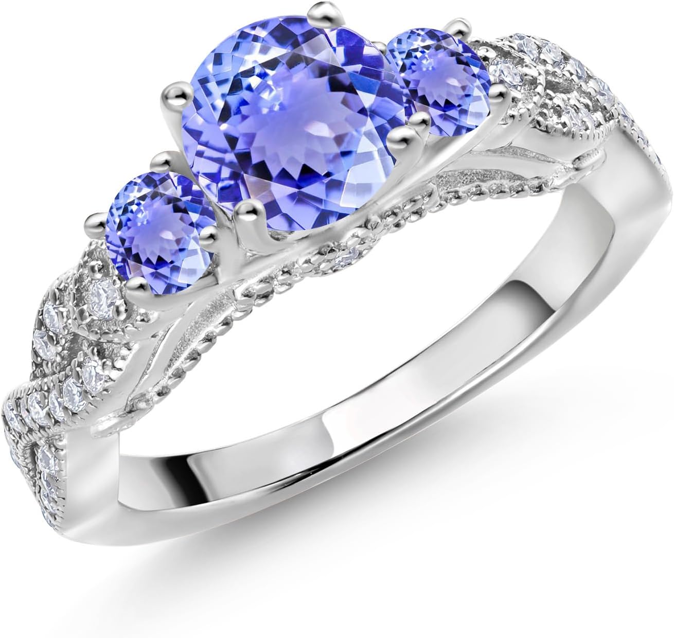 Gem Stone King 1.47 Cttw Blue Tanzanite and White Moissanite 3-Stone Engagement Ring For Women | 925 Sterling Silver | Gemstone December Birthstone | Round 6MM and 3MM | Available In Size 5-9
