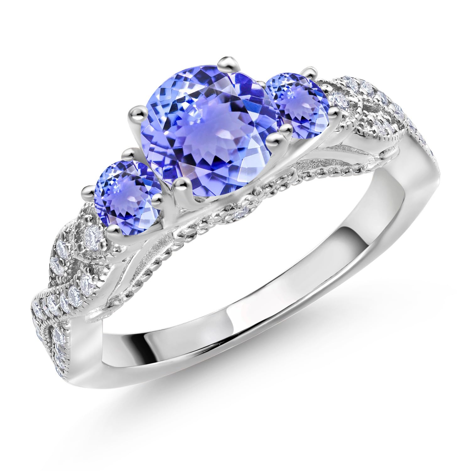 Gem Stone King 1.47 Cttw Blue Tanzanite and White Moissanite 3-Stone Engagement Ring For Women | 925 Sterling Silver | Gemstone December Birthstone | Round 6MM and 3MM |...