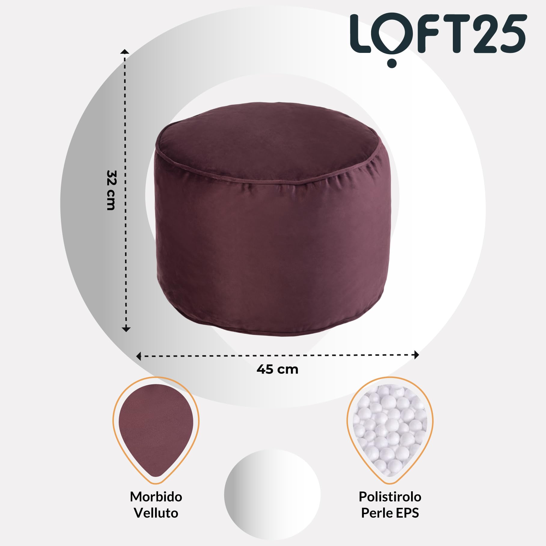 Loft 25 Pouf Velluto Rotondo Premium Poggiapiedi a Sacco 32x45cm, Soggiorno per Interni Pouffe con Riempimento, Design Ergonomico Pouff per il Poggiagambe, Confortevole Pouf Poggiapiedi (Melanzana)