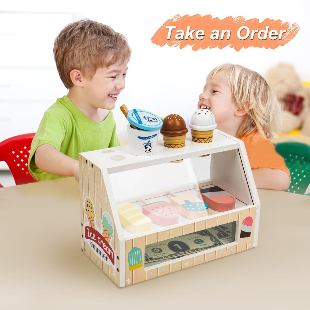 Heladería De Juguete De Madera Para Niños – Carrito Con Helados, Menú Y Billetes, Juego De Rol Educativo A Partir De 3 Años (Color Rosa)