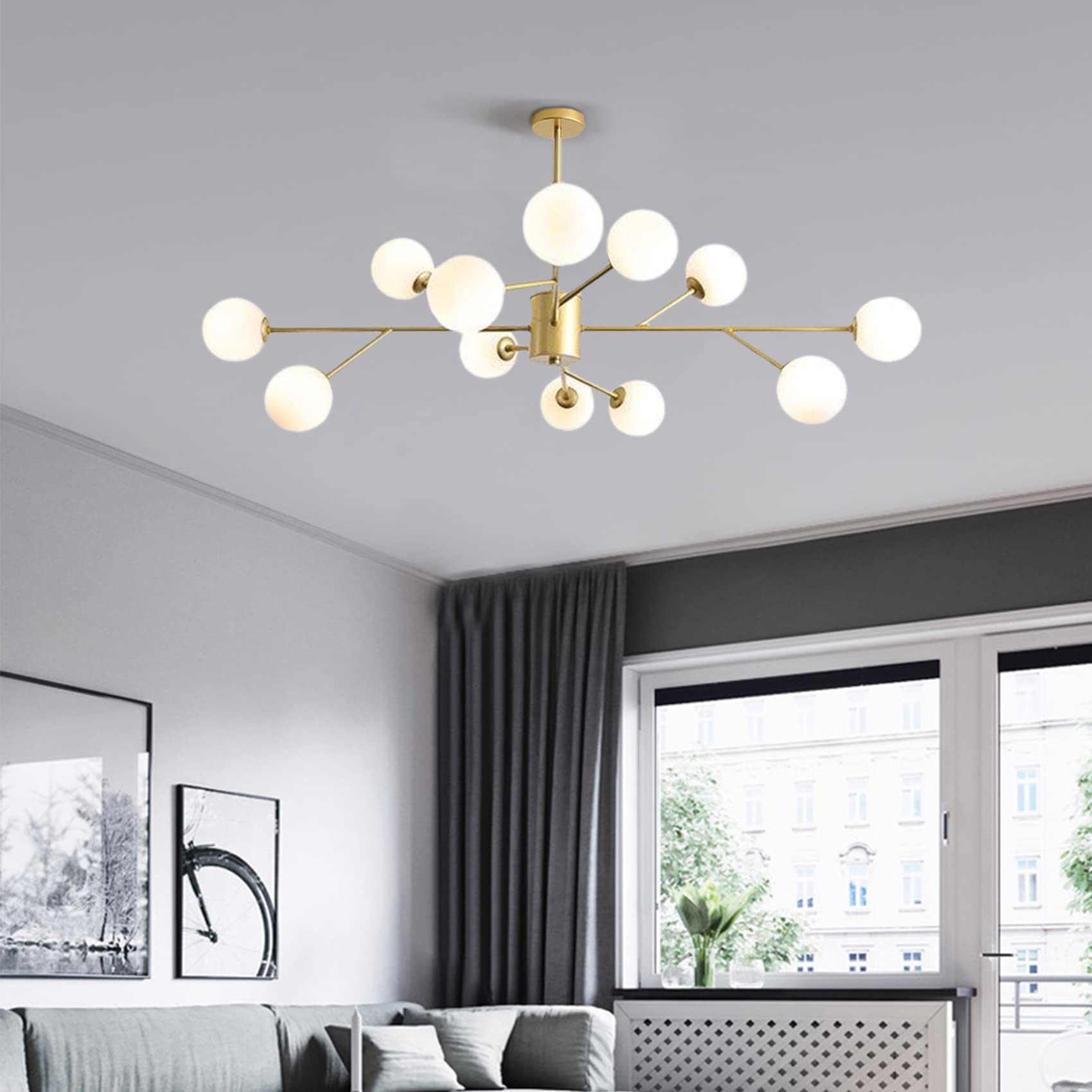 Lámpara de Araña Sputnik Dorado Bola Vidrio Mid-Century 12 Luces | Lamparas de Techo Sputnik Altura Ajustable, Lampara Colgante Techo G9, Sin Bombilla, para Salón Dormitorio Comedor Cocina