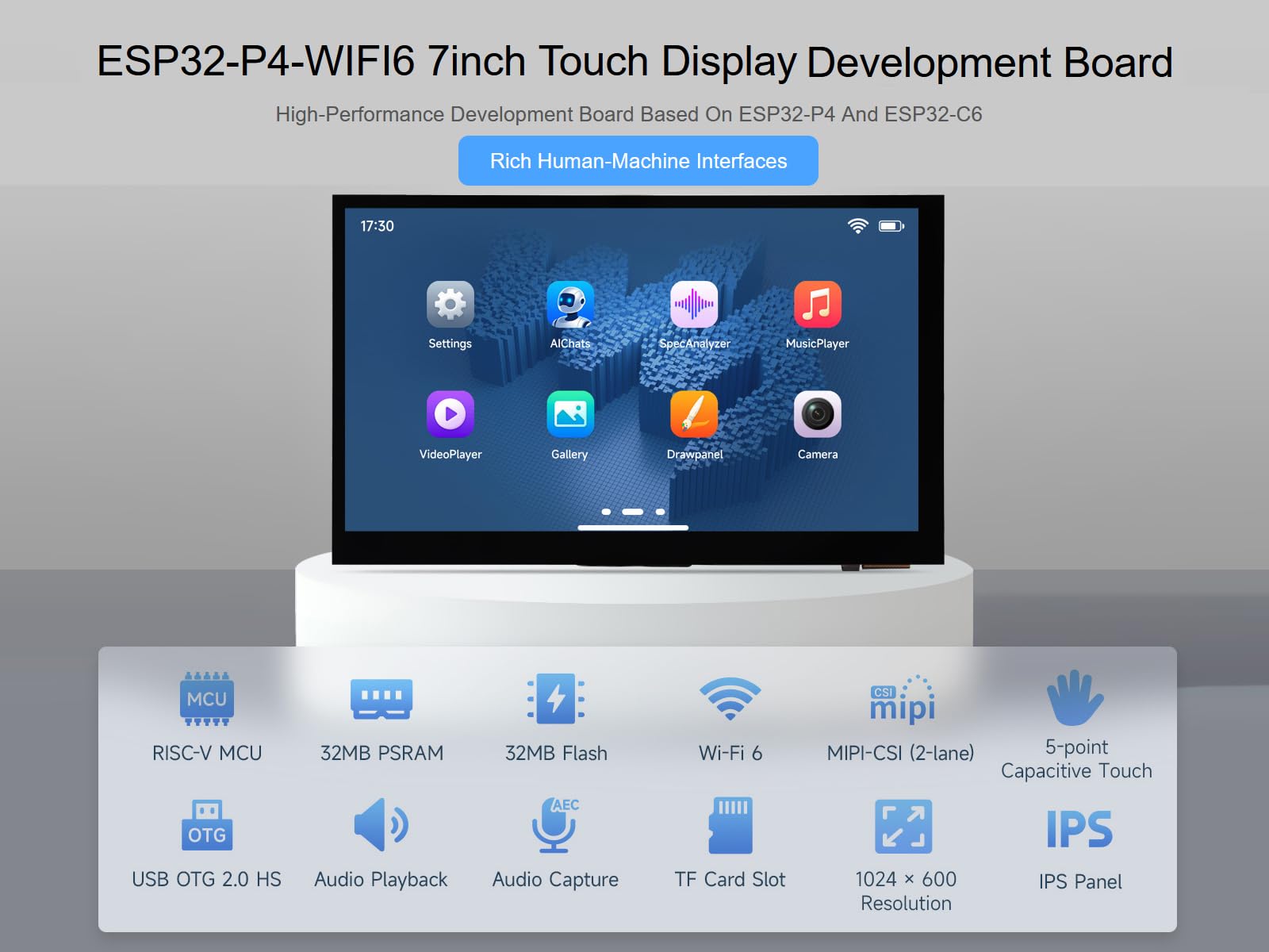 ESP32-P4-WIFI6 Scheda di sviluppo Touch Display da 7 pollici, basata su chip ESP32-P4 e ESP32-C6, con 7 pollici IPS a 5 punti touch screen 1024 × 600, intestazioni RS485/CAN/I2C/UART integrate
