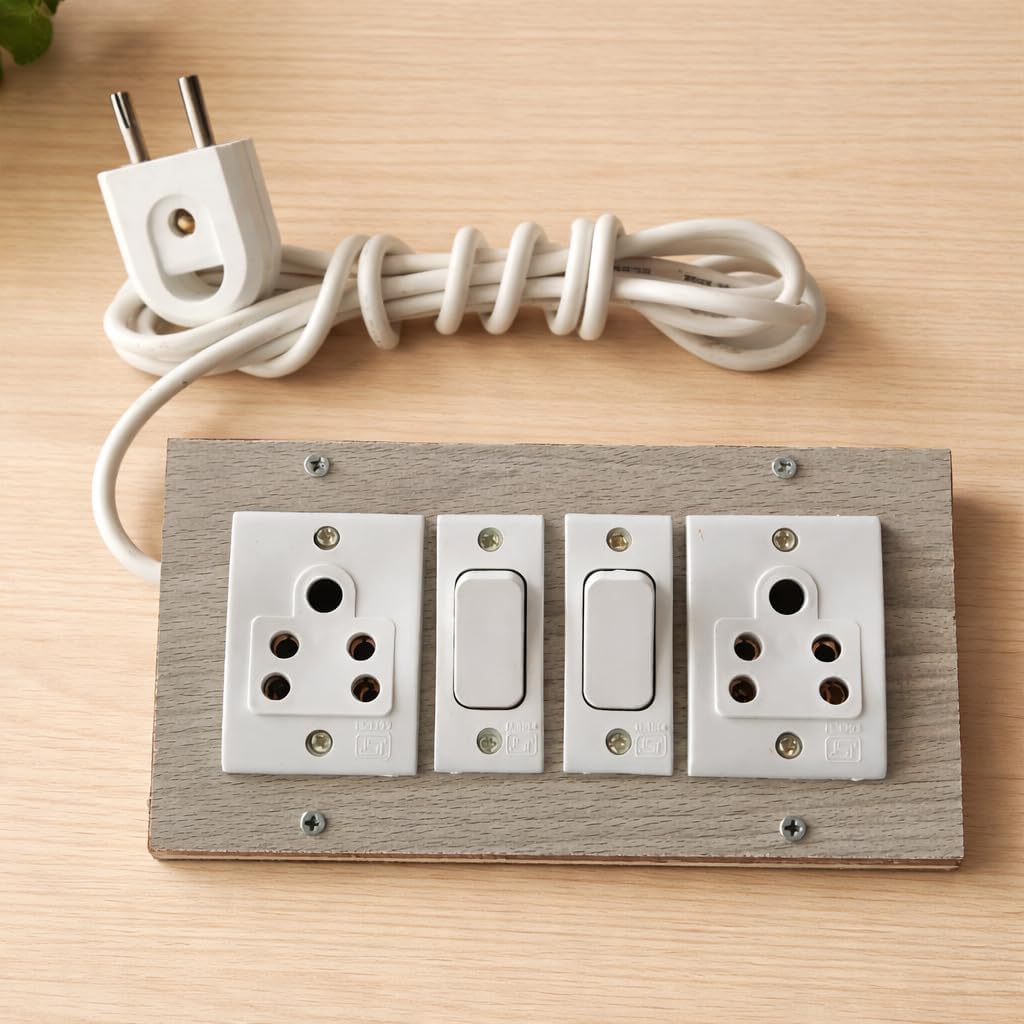 Wooden Multi-Socket Extension Board with 2 Switches, 2 Power Outlets, White, with Plug and 2.5 Mtr Wire-image-3