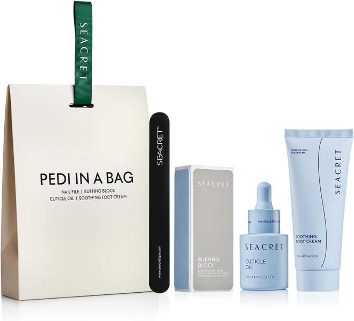 SEACRET Dead Sea Pedicure Set - At Home Foot Spa Kit for Cracked Heels & Dry Feet - 4-Piece Pedi Kit with Full-Size Foot Cream, Cuticle Oil, Buffer & File - Spa Gift Set for Women