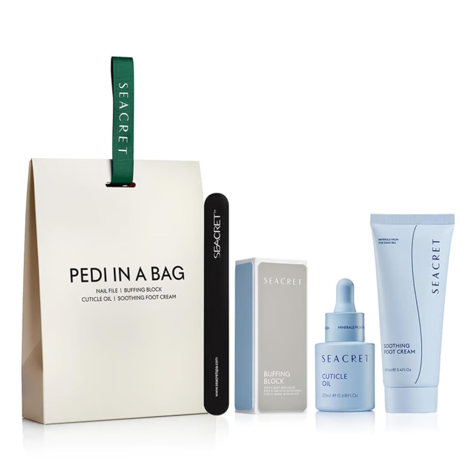 SEACRET Dead Sea Pedicure Set - At Home Foot Spa Kit for Cracked Heels & Dry Feet - With Full-Size Foot Cream, Cuticle Oil, Buffer & File - Spa Gift Set for Women, 4-Piece Set