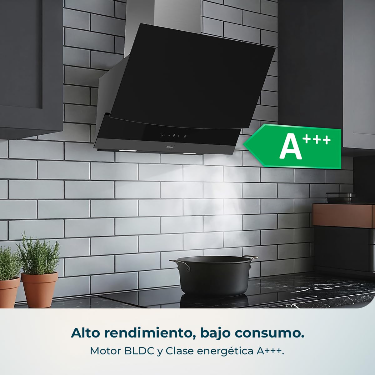 Cecotec Campana Extractora 60cm Decorativa Bolero Flux DT 604400 Matt Black A+++. Succión 416,5m³/h, 3 Velocidades, Bajo Consumo, Motor DC, Control de Movimiento y Táctil, Cristal Mate, Cuerpo Inox
