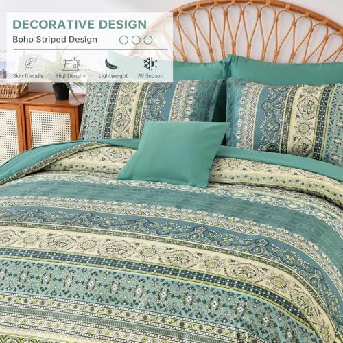 Image of Cottolester Boho Queen Comforter Set 8 Pieces,Green Bohemian Comforter Paisley Striped Bed in A Bag,Soft Microfiber Bedding Set for All Season