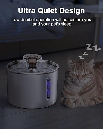 Miniatura 5 de Joytale Fuente de agua para gatos de 85 onzas, fuente de acero inoxidable para gatos con luz LED y filtro de carbón activado, dispensador de agua