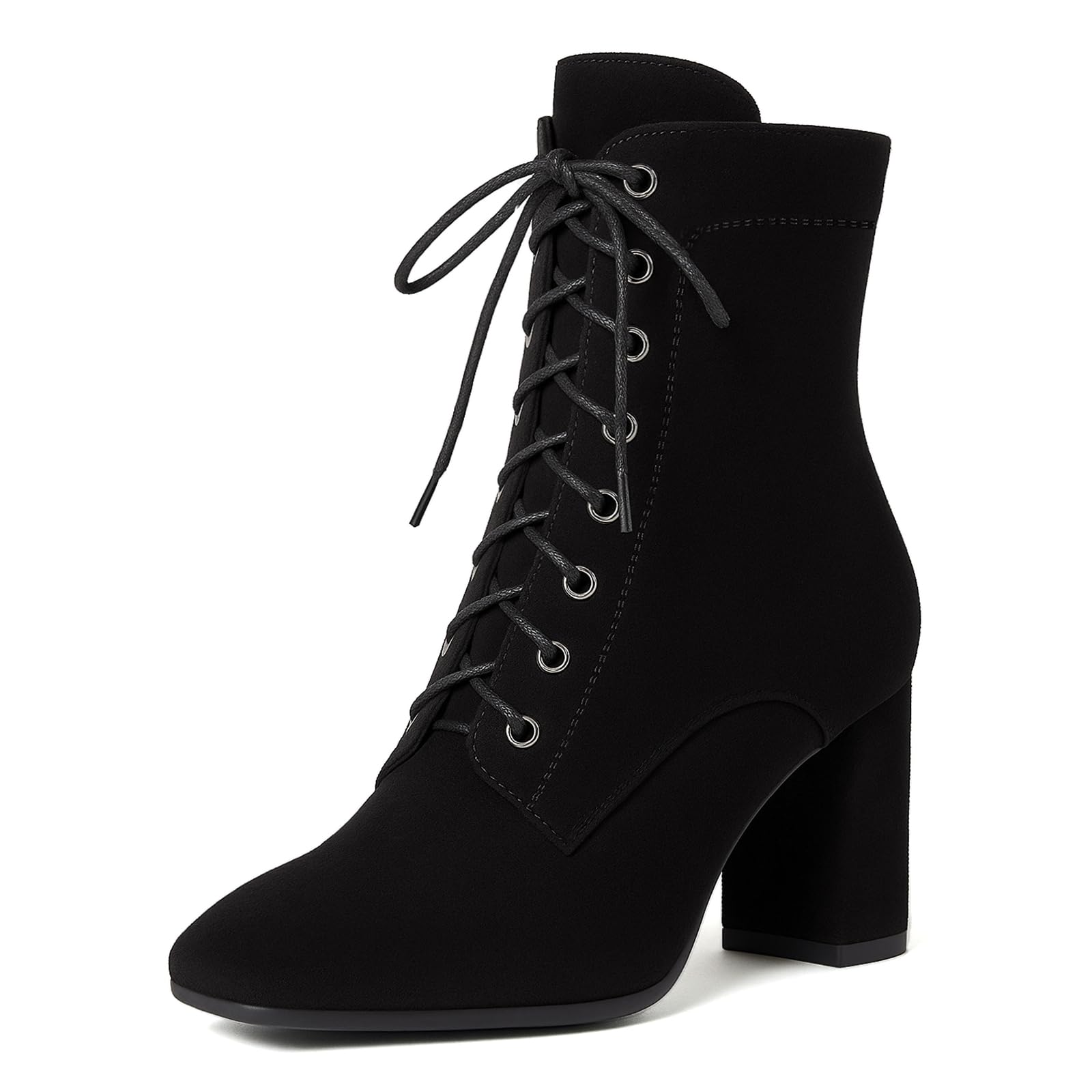SEIFIN Womens Square Toe Chunky Heels Ankle Boots Block High Heeled Lace Up Short Booties Shoes