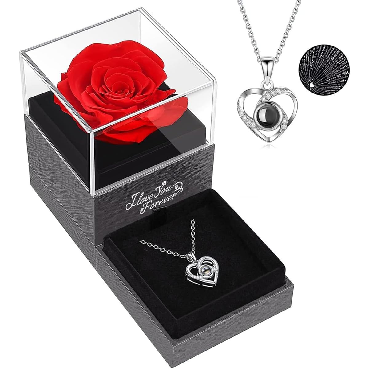 TOMVAESTOMVAES Preserved Flower With Heart Necklace, Rose Jewelry Box, Silver Necklace Display Storage, Mother's Day, Valentine's Day